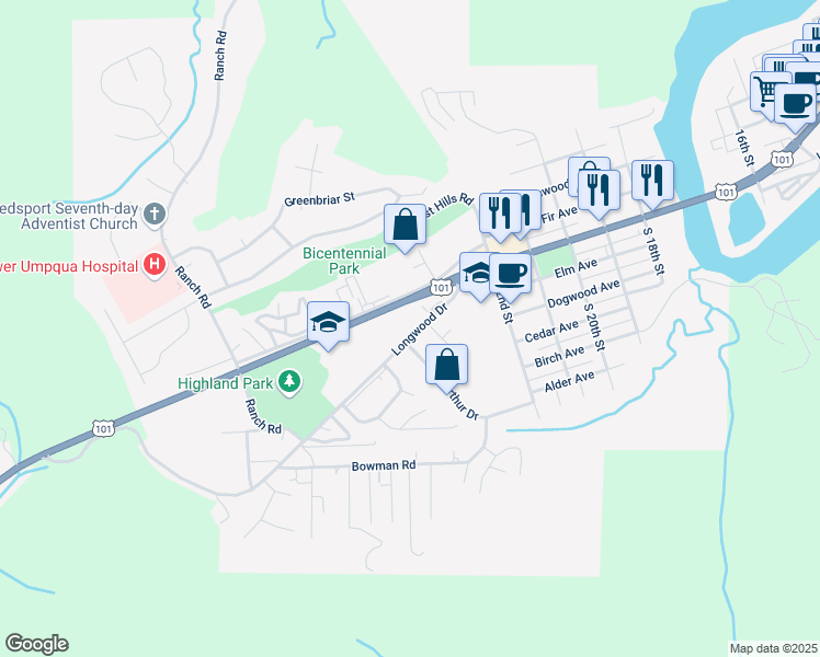 map of restaurants, bars, coffee shops, grocery stores, and more near 2401 Longwood Drive in Reedsport