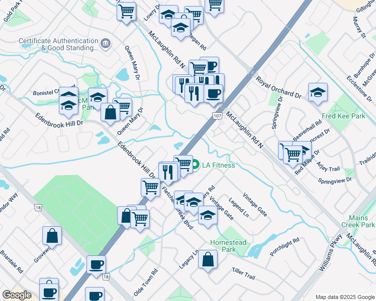 map of restaurants, bars, coffee shops, grocery stores, and more near 811 Bovaird Drive West in Brampton