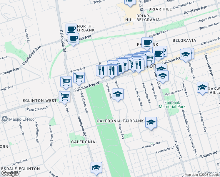 map of restaurants, bars, coffee shops, grocery stores, and more near in Toronto