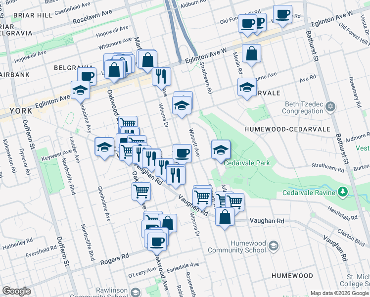 map of restaurants, bars, coffee shops, grocery stores, and more near 374 Winnett Avenue in Toronto