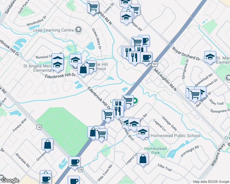 map of restaurants, bars, coffee shops, grocery stores, and more near 45 Monaco Court in Brampton