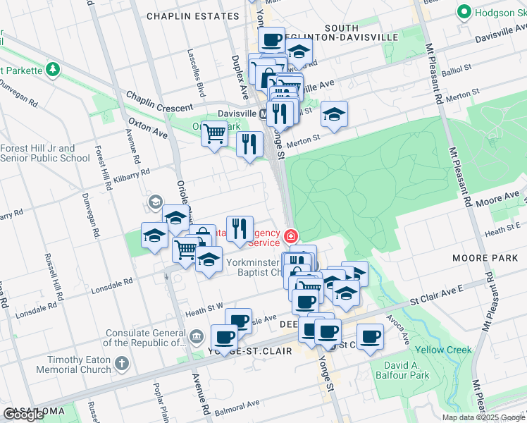 map of restaurants, bars, coffee shops, grocery stores, and more near 98 Lawton Boulevard in Toronto
