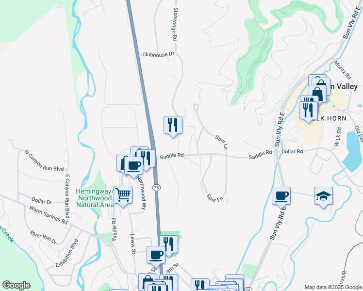 map of restaurants, bars, coffee shops, grocery stores, and more near 100 Thunder Trail in Ketchum