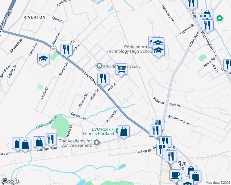 map of restaurants, bars, coffee shops, grocery stores, and more near 25 Wall Street in Portland