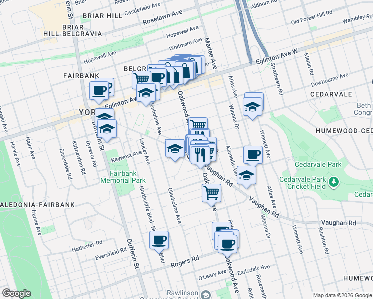 map of restaurants, bars, coffee shops, grocery stores, and more near 647 Vaughan Road in Toronto