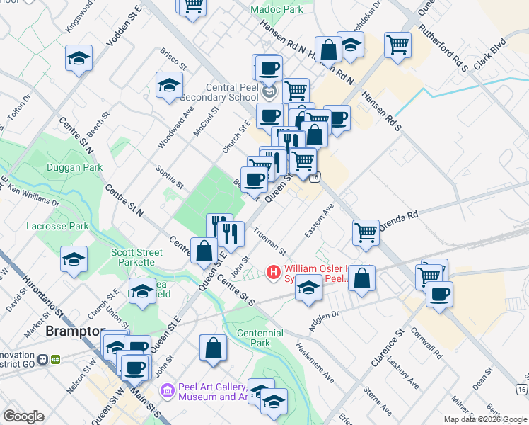 map of restaurants, bars, coffee shops, grocery stores, and more near 191 Queen Street East in Brampton