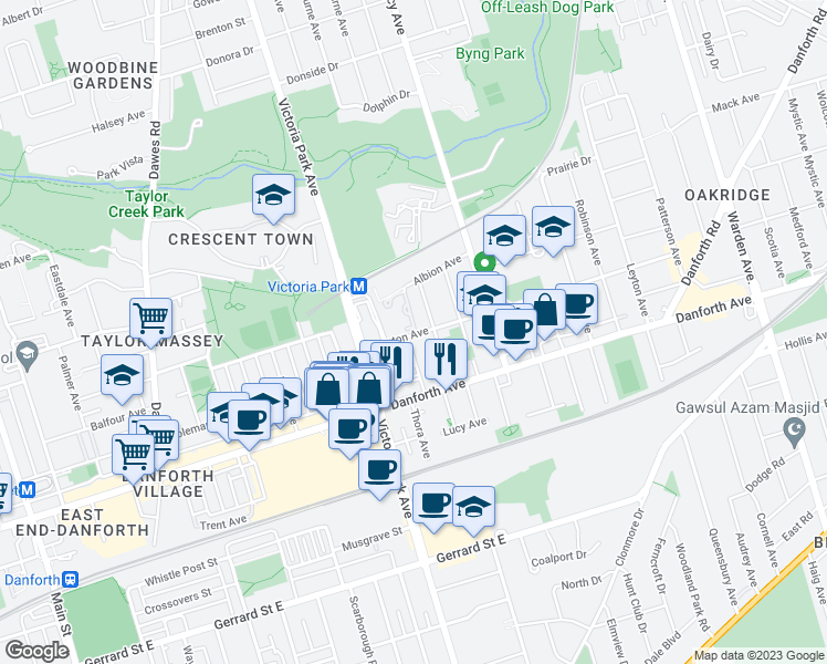 map of restaurants, bars, coffee shops, grocery stores, and more near 38 Denton Avenue in Toronto