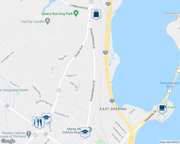 map of restaurants, bars, coffee shops, grocery stores, and more near 326 Presumpscot Street in Portland