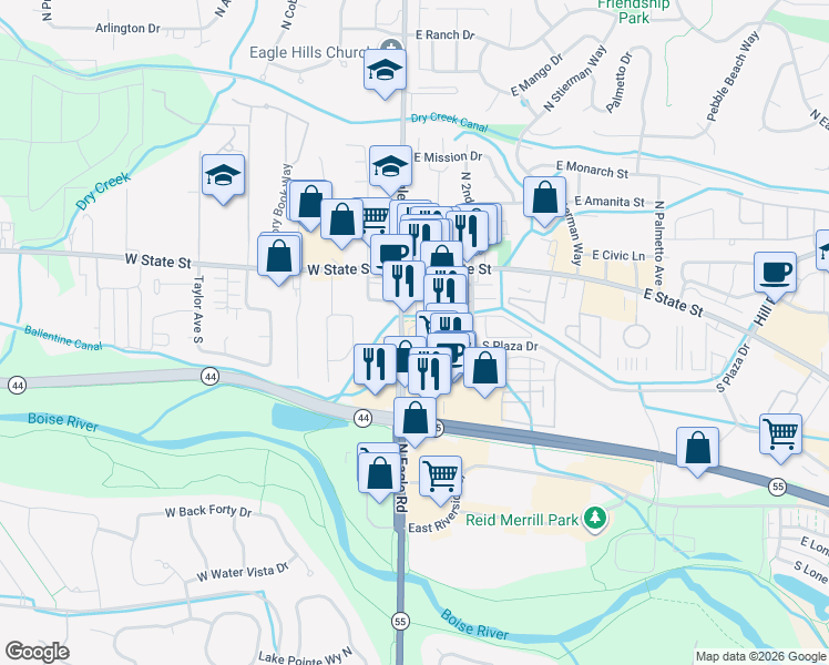 map of restaurants, bars, coffee shops, grocery stores, and more near 178 S Eagle Rd in Eagle