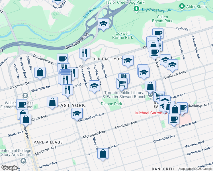 map of restaurants, bars, coffee shops, grocery stores, and more near 12 Athlone Road in Toronto