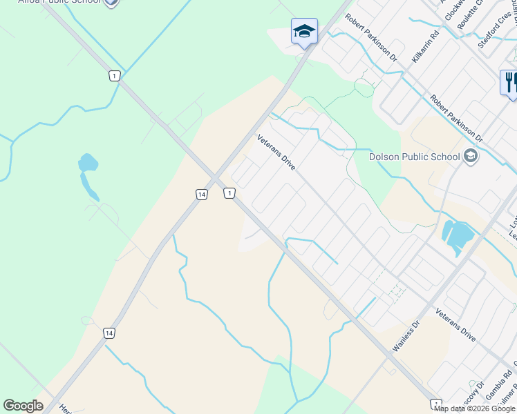 map of restaurants, bars, coffee shops, grocery stores, and more near 79 Adventura Road in Brampton
