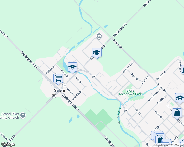 map of restaurants, bars, coffee shops, grocery stores, and more near 459 Geddes Street in Elora