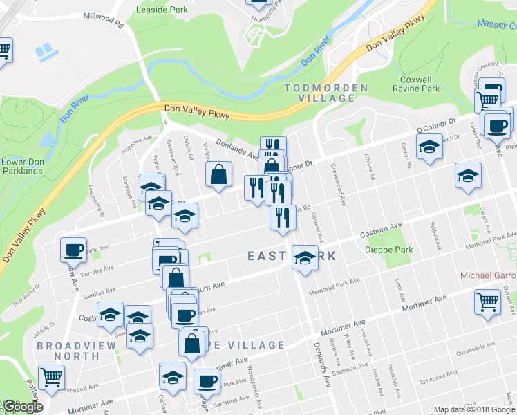 map of restaurants, bars, coffee shops, grocery stores, and more near 225 Woodville Avenue in Toronto
