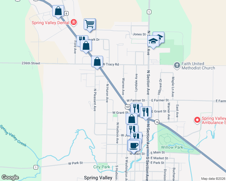 map of restaurants, bars, coffee shops, grocery stores, and more near 520 North Broadway Avenue in Spring Valley