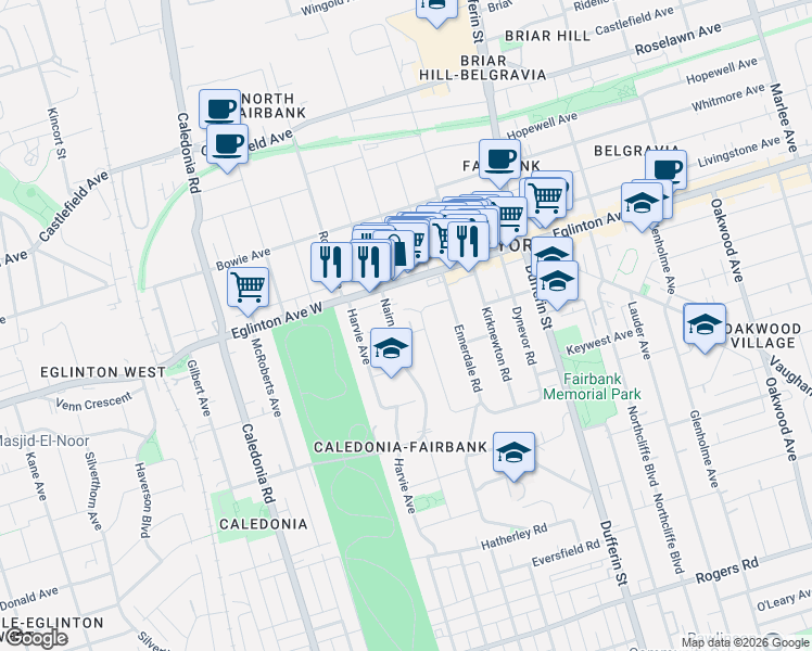 map of restaurants, bars, coffee shops, grocery stores, and more near 2 Thornton Avenue in Toronto