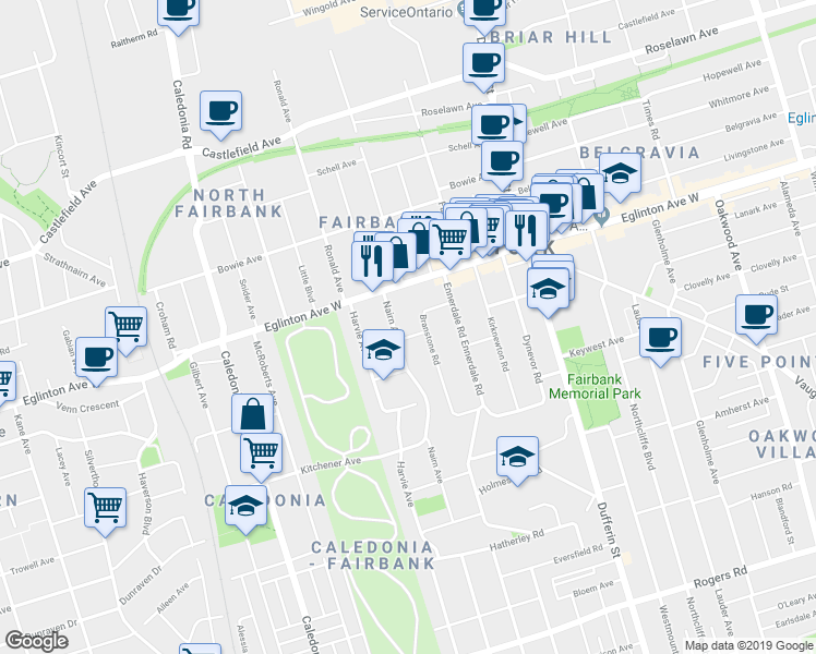 map of restaurants, bars, coffee shops, grocery stores, and more near in Toronto