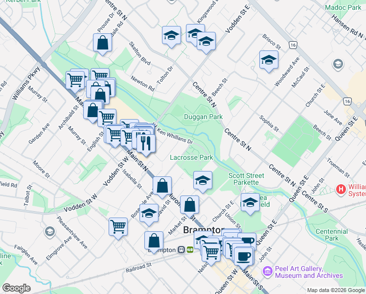 map of restaurants, bars, coffee shops, grocery stores, and more near 78 Mara Crescent in Brampton
