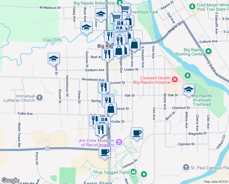map of restaurants, bars, coffee shops, grocery stores, and more near 415 South State Street in Big Rapids
