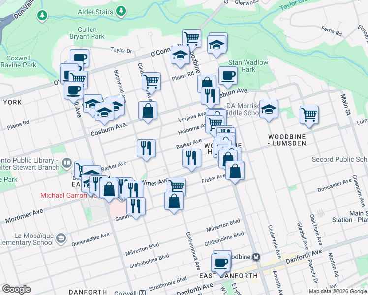 map of restaurants, bars, coffee shops, grocery stores, and more near 95 Barker Avenue in Toronto