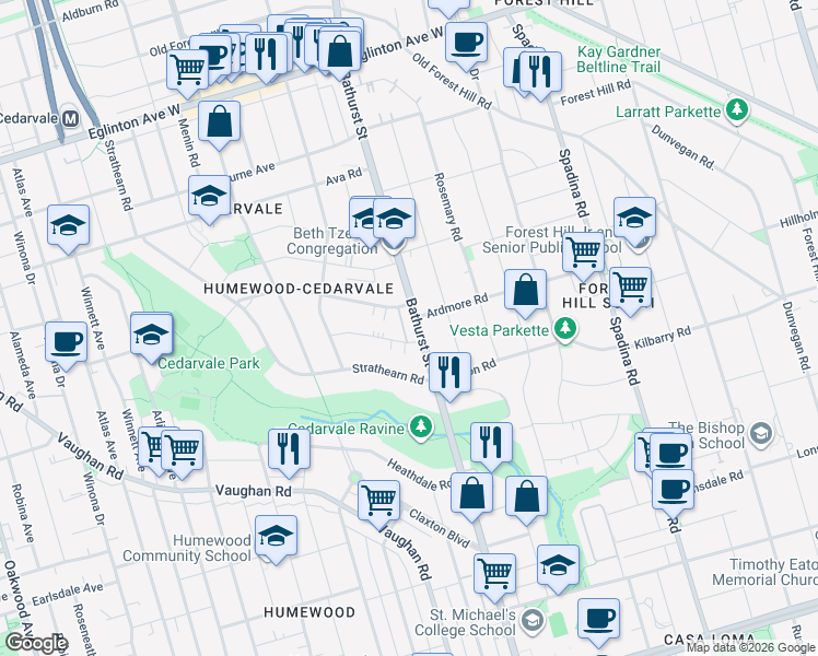 map of restaurants, bars, coffee shops, grocery stores, and more near 1646 Bathurst Street in Toronto