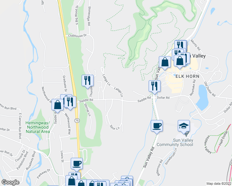 map of restaurants, bars, coffee shops, grocery stores, and more near 160 Valleywood Drive in Ketchum