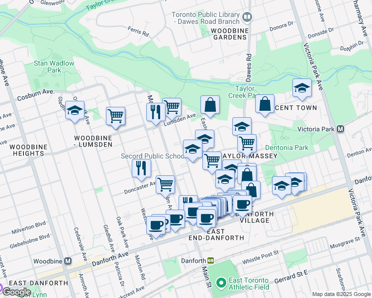 map of restaurants, bars, coffee shops, grocery stores, and more near 141 Barrington Avenue in Toronto