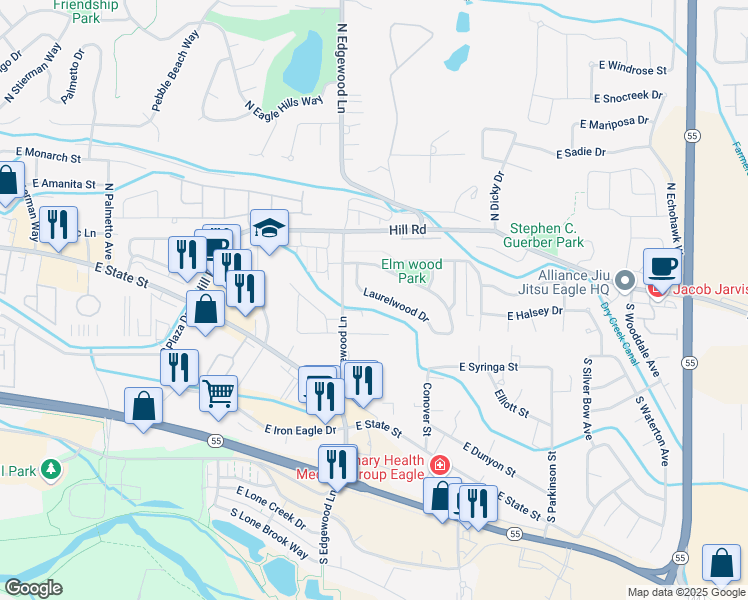 map of restaurants, bars, coffee shops, grocery stores, and more near 137 South Silverwood Way in Eagle