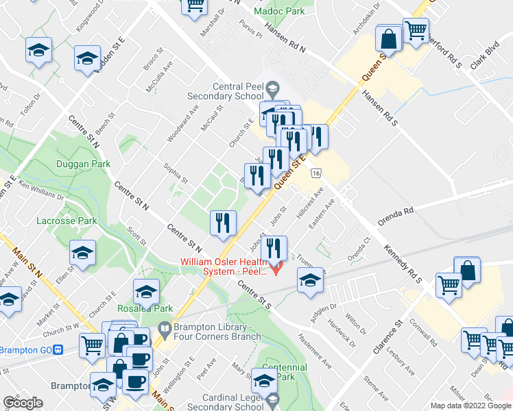 map of restaurants, bars, coffee shops, grocery stores, and more near 186 Queen Street East in Brampton