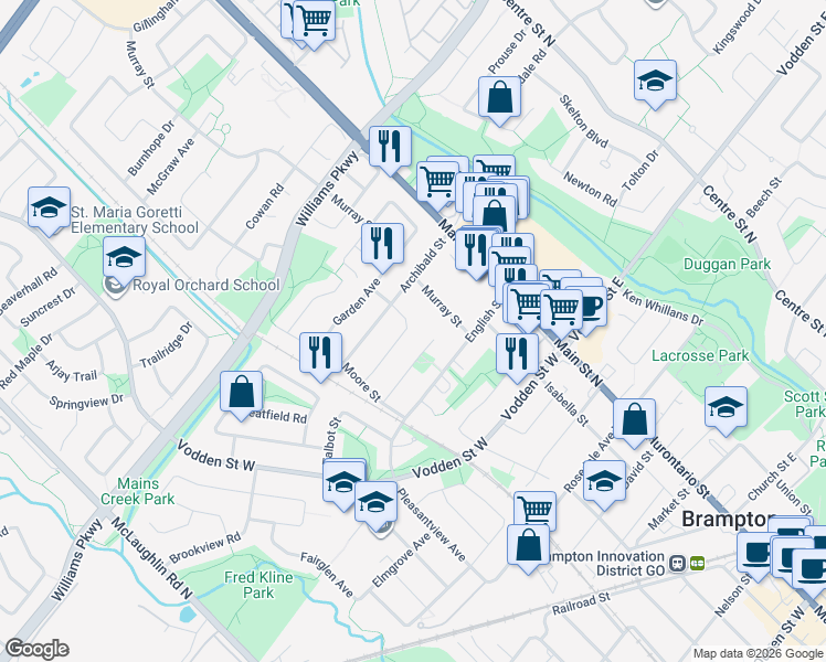 map of restaurants, bars, coffee shops, grocery stores, and more near 12 Rogers Road in Brampton