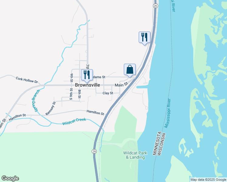 map of restaurants, bars, coffee shops, grocery stores, and more near 308 Clay Street in Brownsville