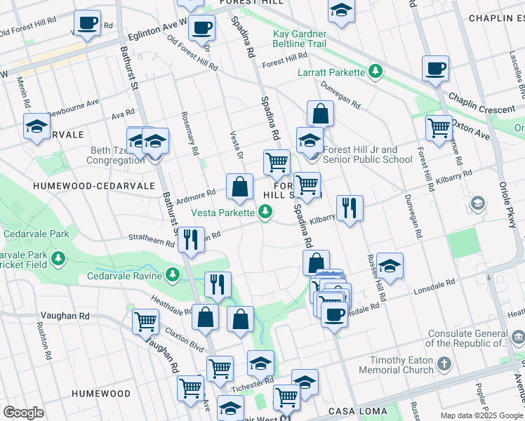 map of restaurants, bars, coffee shops, grocery stores, and more near 101 Vesta Drive in Toronto
