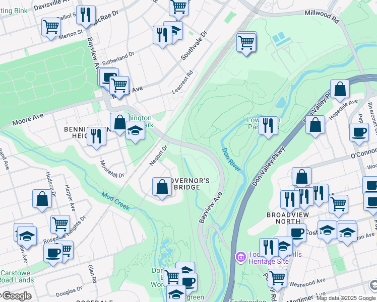 map of restaurants, bars, coffee shops, grocery stores, and more near 51 True Davidson Drive in Toronto