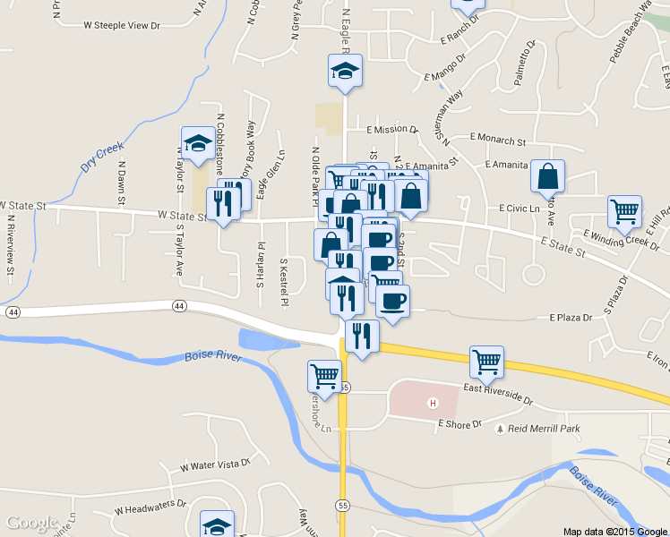 map of restaurants, bars, coffee shops, grocery stores, and more near 179 South Eagle Road in Eagle