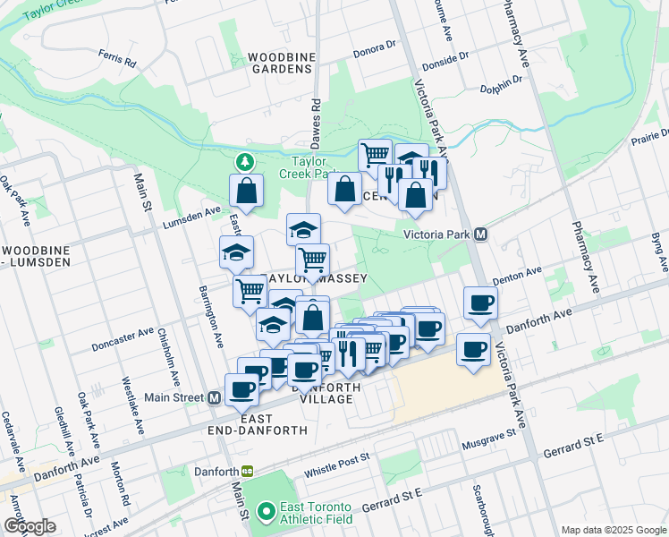 map of restaurants, bars, coffee shops, grocery stores, and more near 60 Rosevear Avenue in Toronto