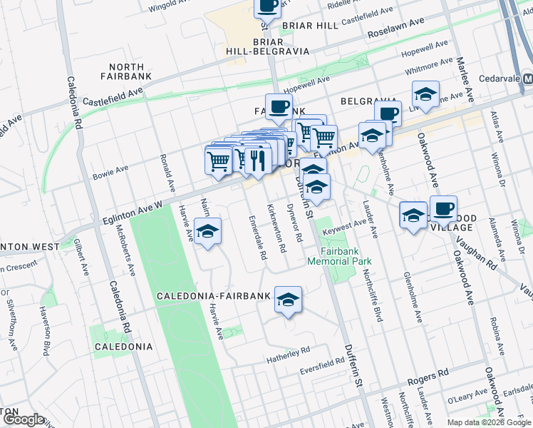 map of restaurants, bars, coffee shops, grocery stores, and more near 86 Kirknewton Road in Toronto