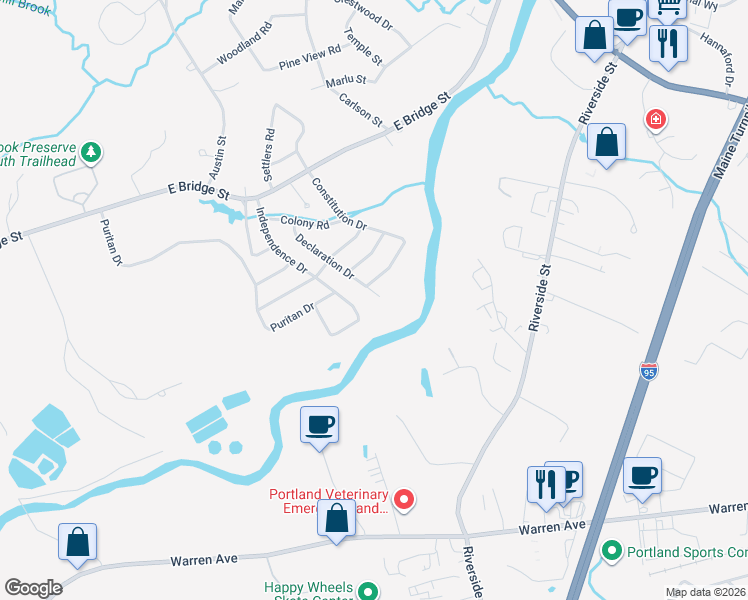 map of restaurants, bars, coffee shops, grocery stores, and more near 31 Declaration Drive in Westbrook