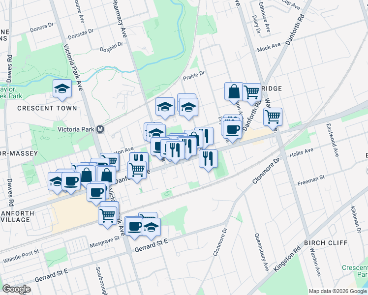 map of restaurants, bars, coffee shops, grocery stores, and more near in Toronto