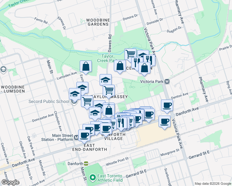 map of restaurants, bars, coffee shops, grocery stores, and more near in Toronto