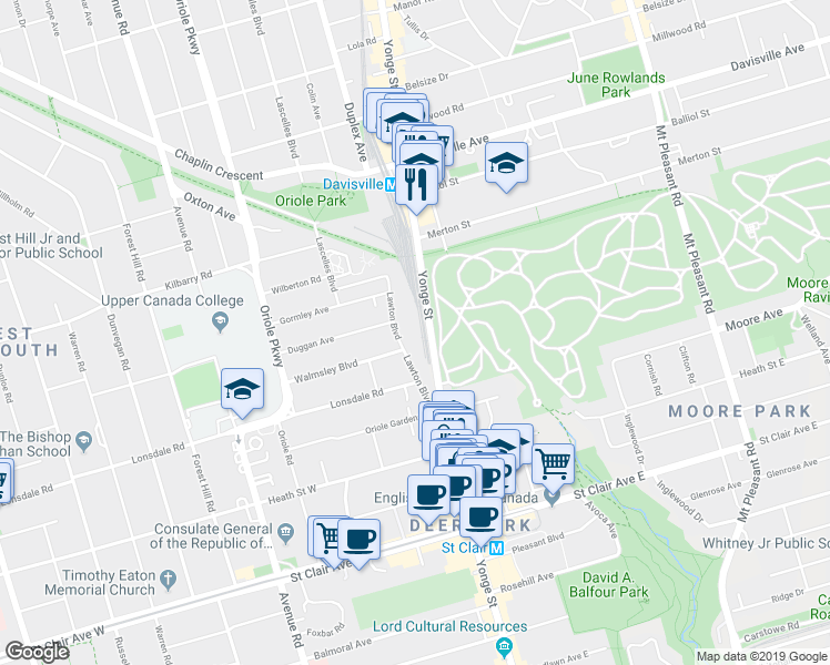 map of restaurants, bars, coffee shops, grocery stores, and more near 97 Lawton Boulevard in Toronto