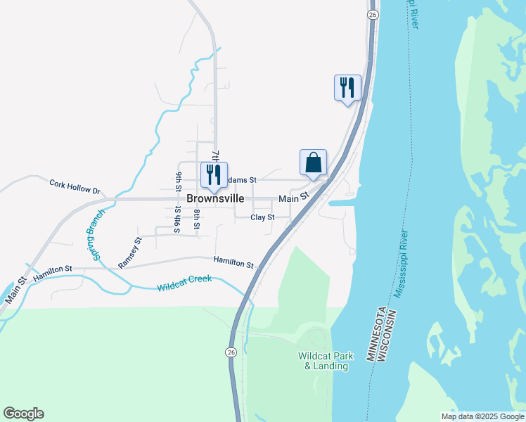 map of restaurants, bars, coffee shops, grocery stores, and more near 308 Clay Street in Brownsville