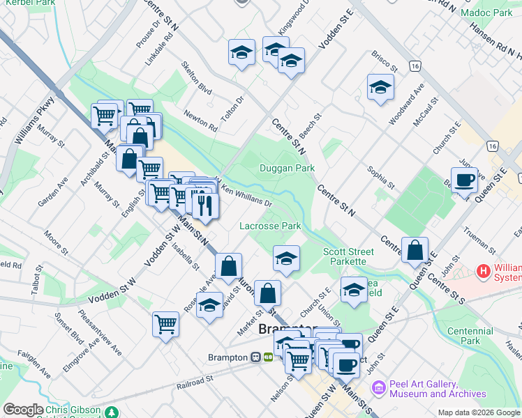 map of restaurants, bars, coffee shops, grocery stores, and more near 6 Sproule Drive in Brampton