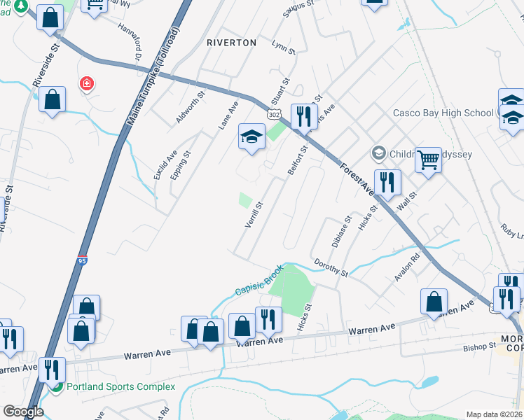 map of restaurants, bars, coffee shops, grocery stores, and more near 44 Verrill Street in Portland