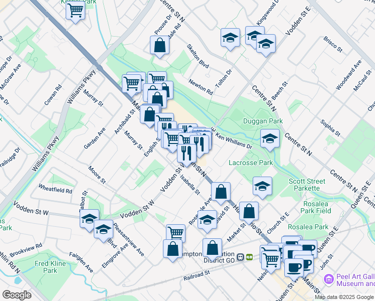 map of restaurants, bars, coffee shops, grocery stores, and more near 332 Main Street North in Brampton