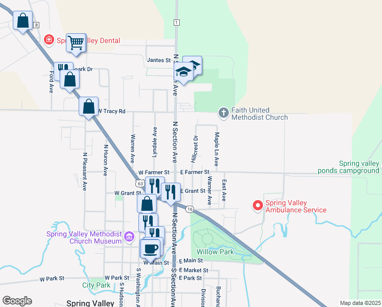 map of restaurants, bars, coffee shops, grocery stores, and more near 516 Hillcrest Drive in Spring Valley