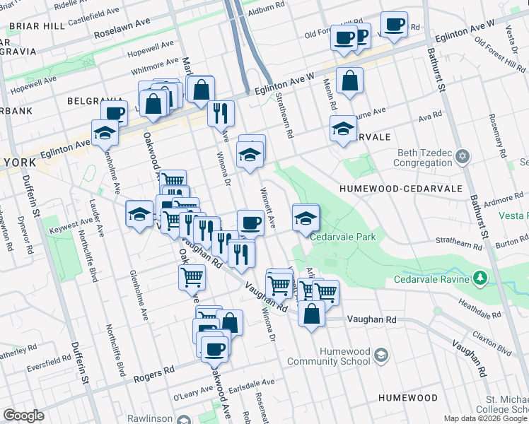 map of restaurants, bars, coffee shops, grocery stores, and more near 374 Winnett Avenue in Toronto