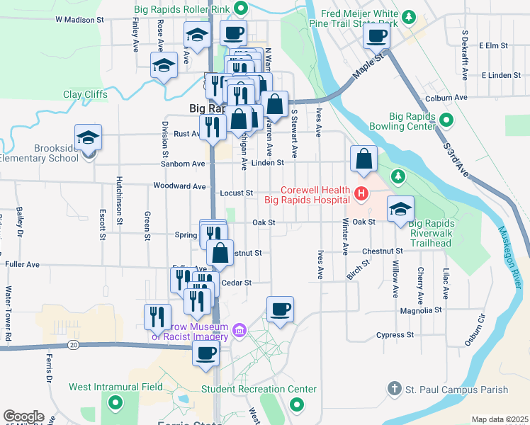 map of restaurants, bars, coffee shops, grocery stores, and more near 422 South Warren Avenue in Big Rapids
