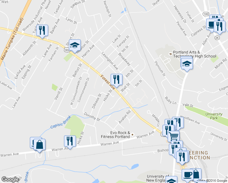 map of restaurants, bars, coffee shops, grocery stores, and more near 1440 Forest Avenue in Portland