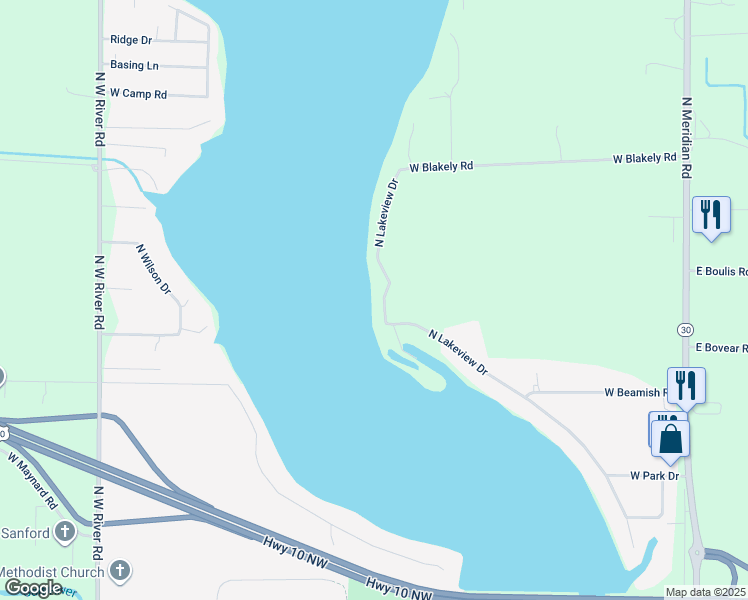 map of restaurants, bars, coffee shops, grocery stores, and more near 2850 North Lakeview Drive in Sanford