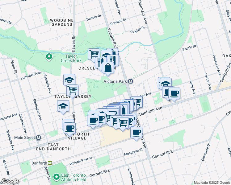map of restaurants, bars, coffee shops, grocery stores, and more near 63 Thyra Avenue in Toronto