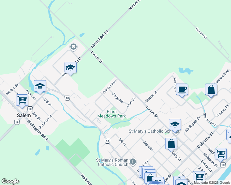 map of restaurants, bars, coffee shops, grocery stores, and more near 58 Clegg Road in Wellington County